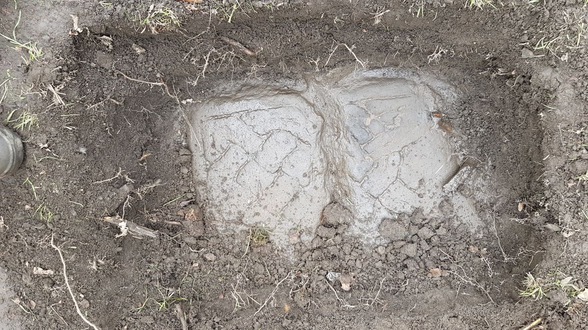 A Govan Stone emerges from the dirt.