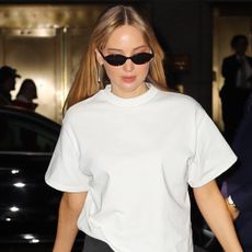 Jennifer Lawrence arrived at The Tonight Show Starring Jimmy Fallon wearing an elevated T-shirt skirt set from Lii Spring 2026