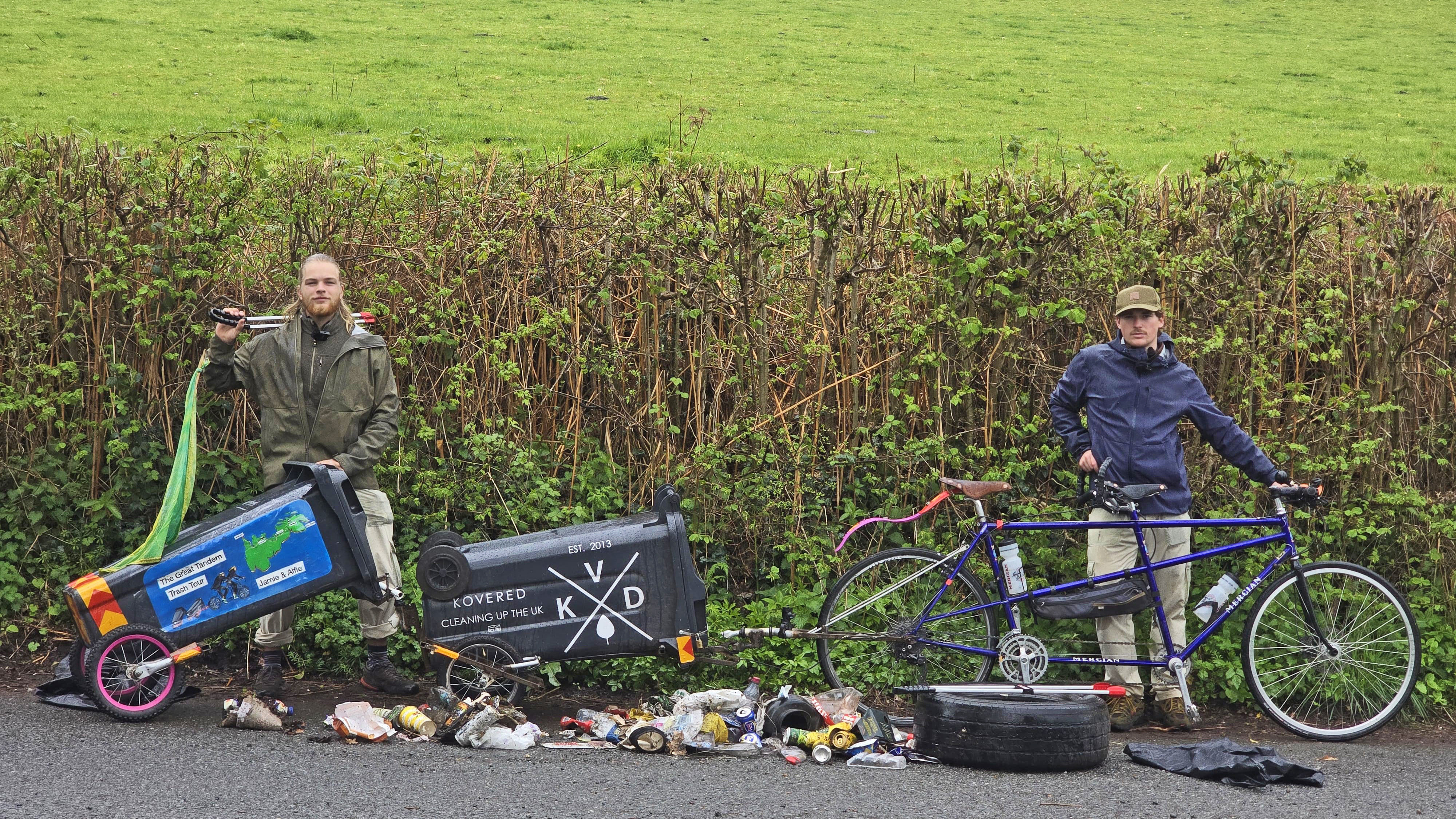 Jamie Hargreaves and Alfie Cookson with a load of roadside rubbish