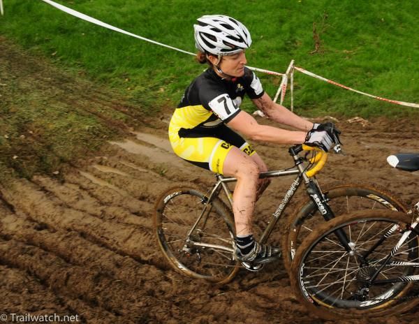 Christina Tamillo (Ladies First Racing) tangling with a wheel ahead of her.