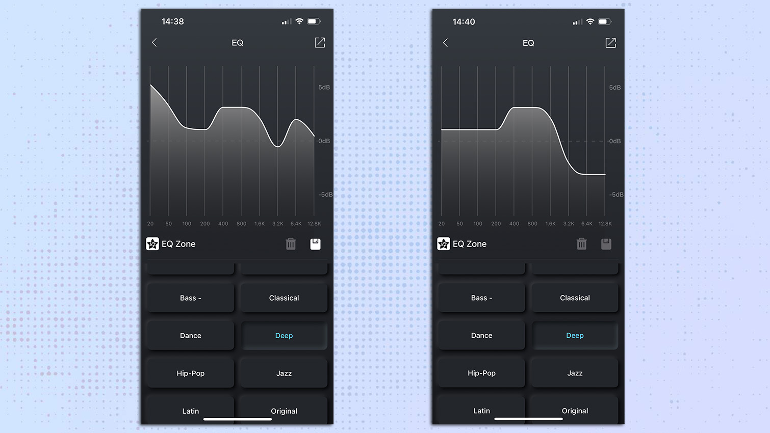 Screenshot from the Tozo app for the Tozo PE1 Bluetooth speaker showing The deep eq and custom eq.