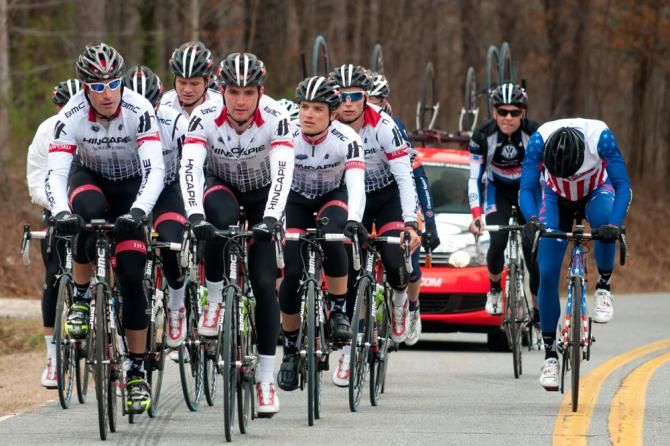 George Hincapie leading the team for a training ride along his Gran Fondo course.