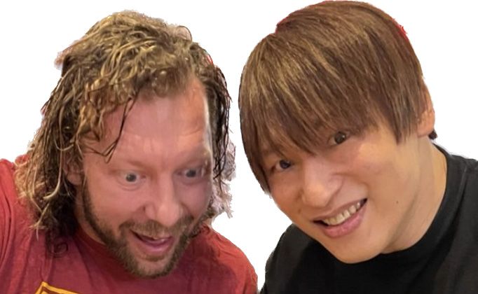 a close up photo of (L to R) Kenny Omega and Kota Ibushi with weird facial expressions, without the original background, now on a white background