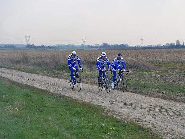 Quick Step riders check out key sections of pav&eacute; before Sunday's Paris-Roubaix.