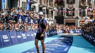 Kilian crosses the finish line at the 2022 UTMB