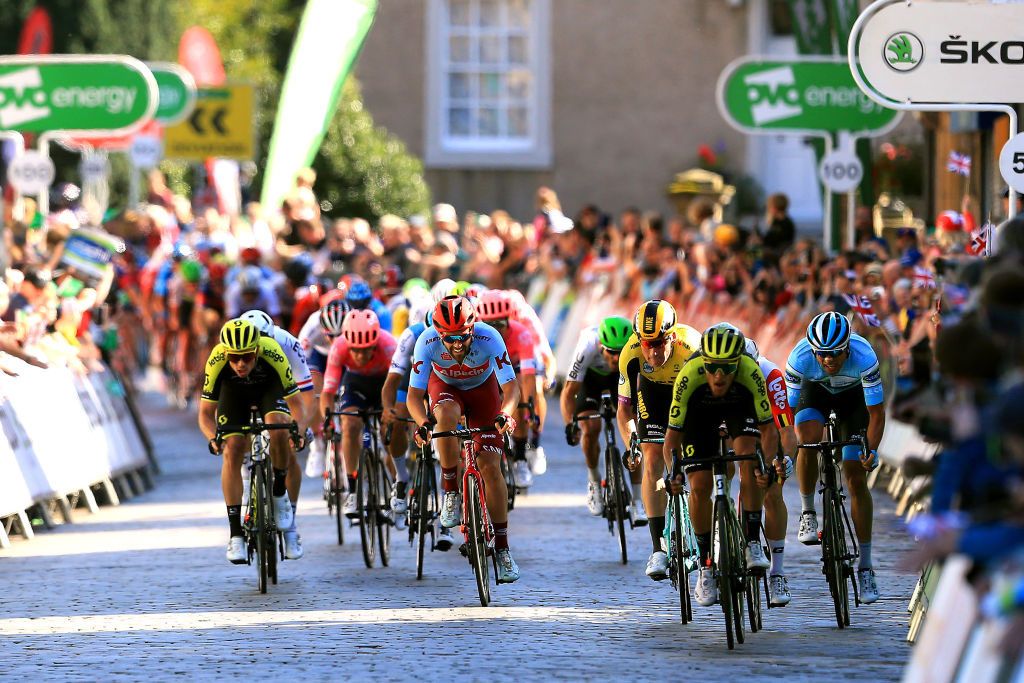 The sprint on stage 2 of the Tour of Britain