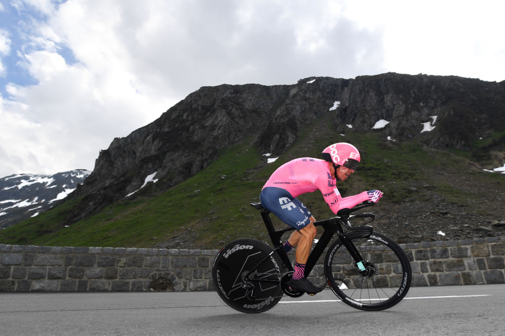 ANDERMATT SWITZERLAND JUNE 12 Rigoberto Uran Uran of Colombia and Team EF Education Nippo during the 84th Tour de Suisse 2021 Stage 7 a 232km Individual Time Trial stage from DisentisSedrun to Andermatt ITT Mountains Snow Landscape UCIworldtour tds tourdesuisse on June 12 2021 in Andermatt Switzerland Photo by Tim de WaeleGetty Images