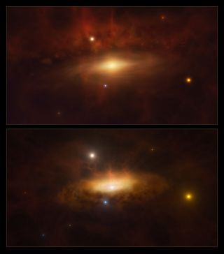 a split image top and bottom, both show a misty, dark yellow disc of gas hangs in hazy space, circling a small pin of light at its center.