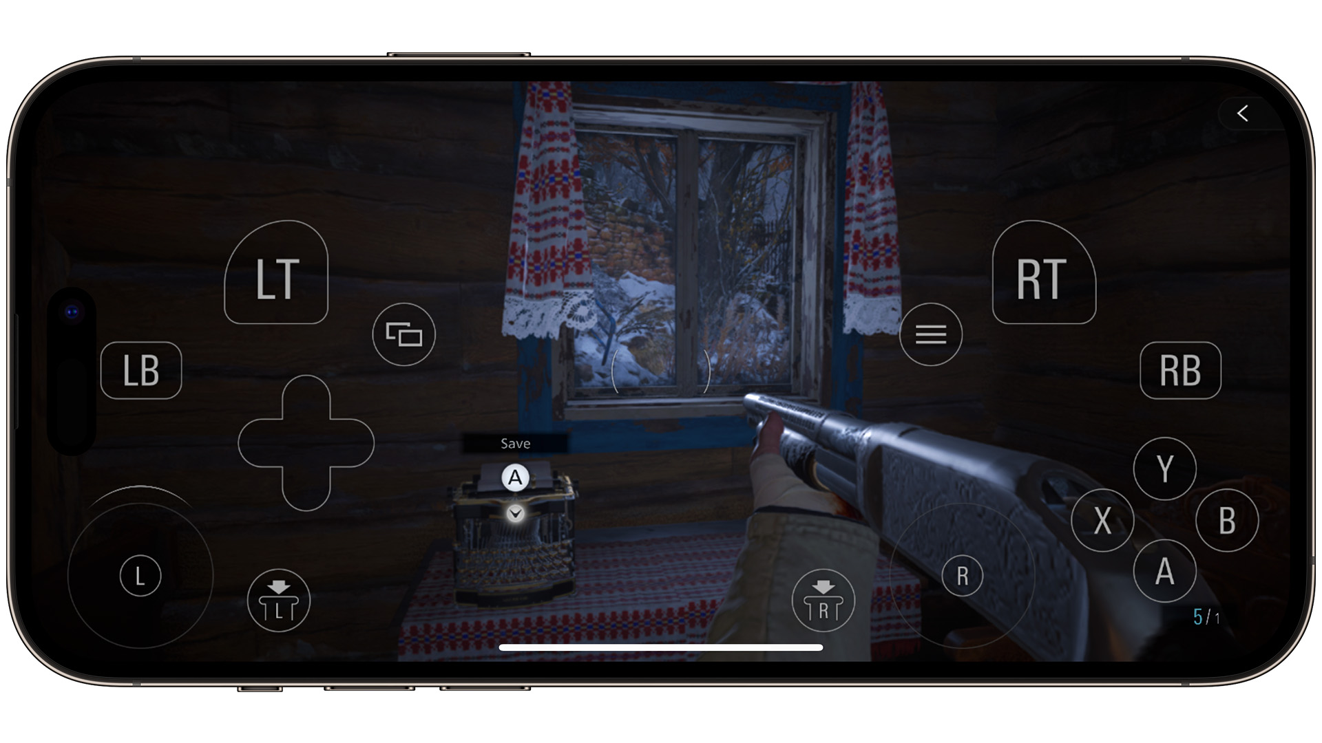 Resident Evil Village on iPhone 15 Pro Max with touchscreen controls