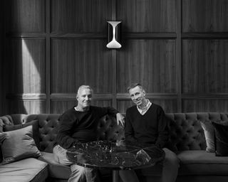 Ian Schrager (left) and Arne Sorenson photographed in the Times Square Edition Hotel in NYC