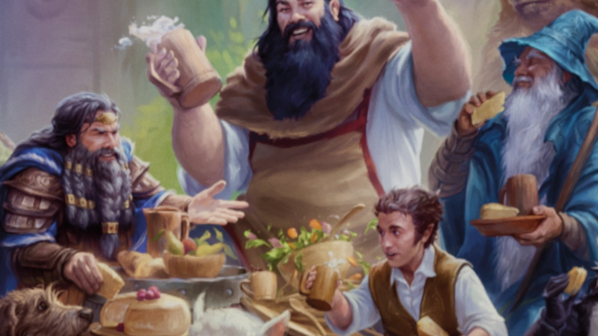 Thorin, Bilbo, Gandalf, and Beorn celebrate at a feast