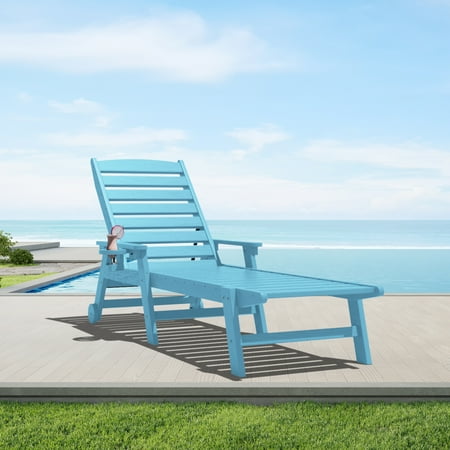 Loyalice Adjustable Wheeled Hdpe Plastic Outdoor Patio Lounge Chair W/ Cup Holder,78.3"x25.1"x16.3", Light Blue