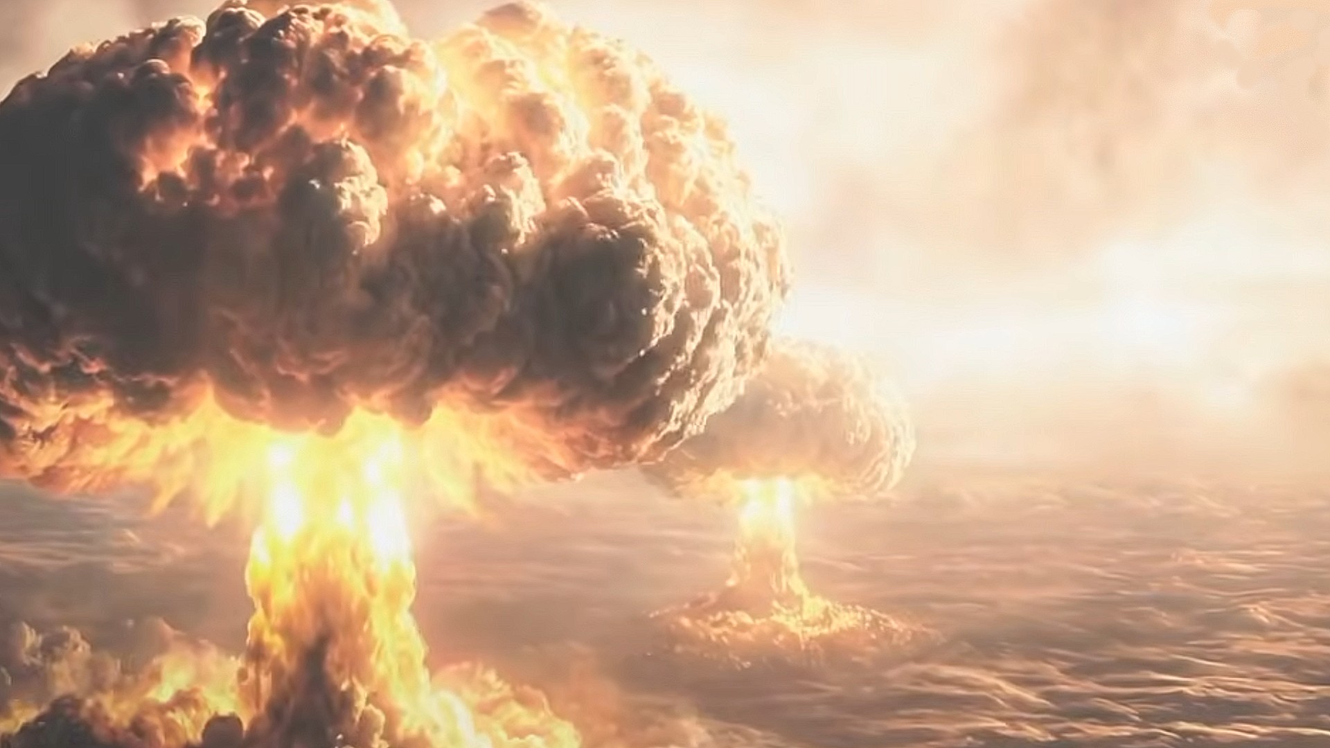 The end of the MW4 Nuke animation shows mushrooms clouds erupting below the player.