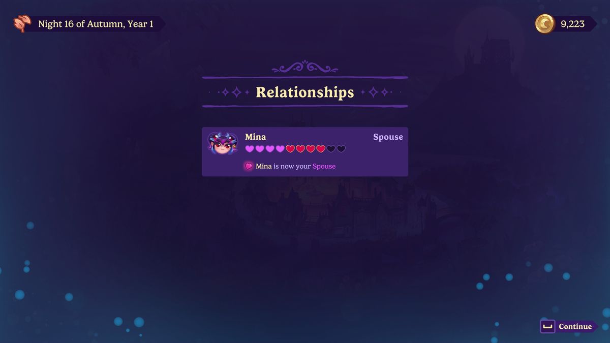 Moonlight Peaks - End of night relationship report showing Mina as the player's spouse.