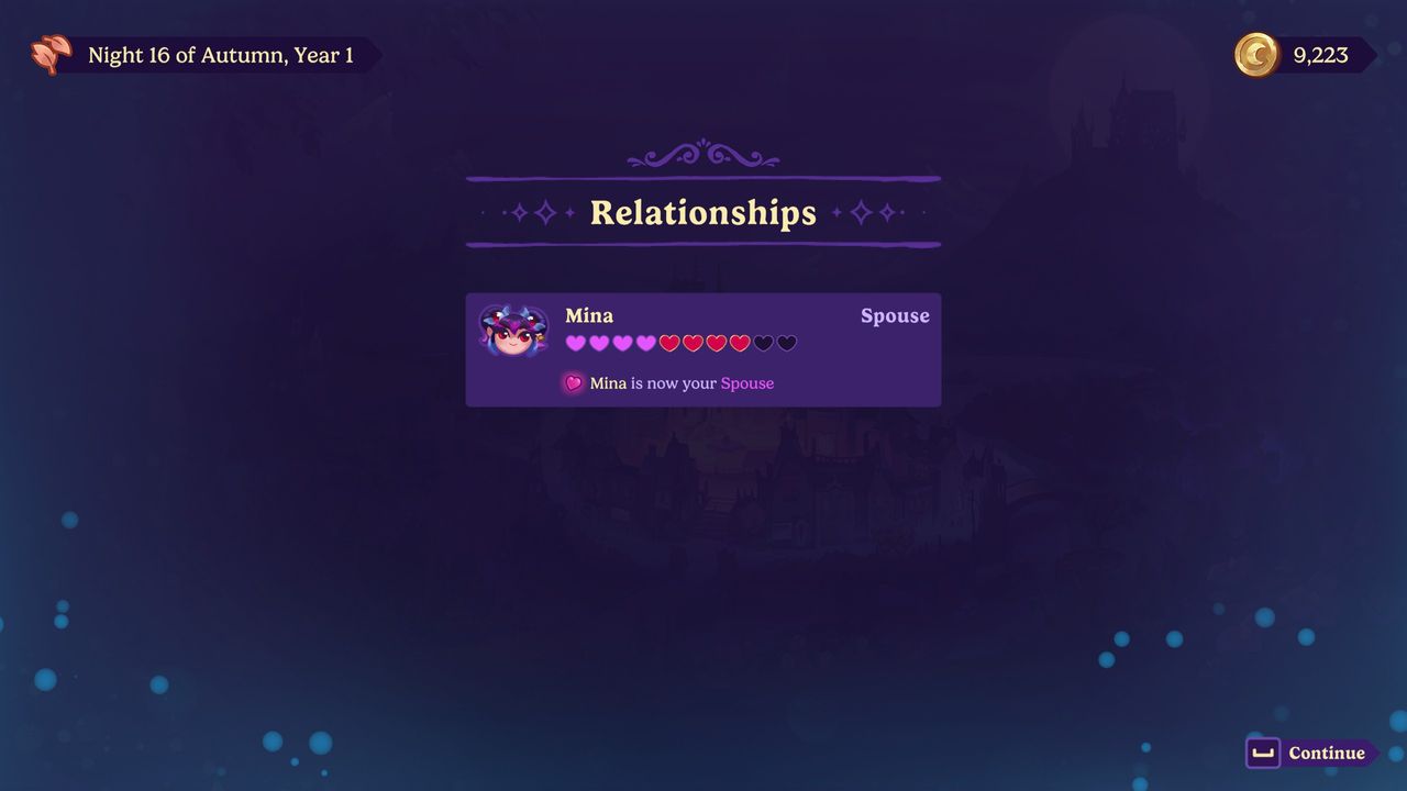 Moonlight Peaks - End of night relationship report showing Mina as the player's spouse.