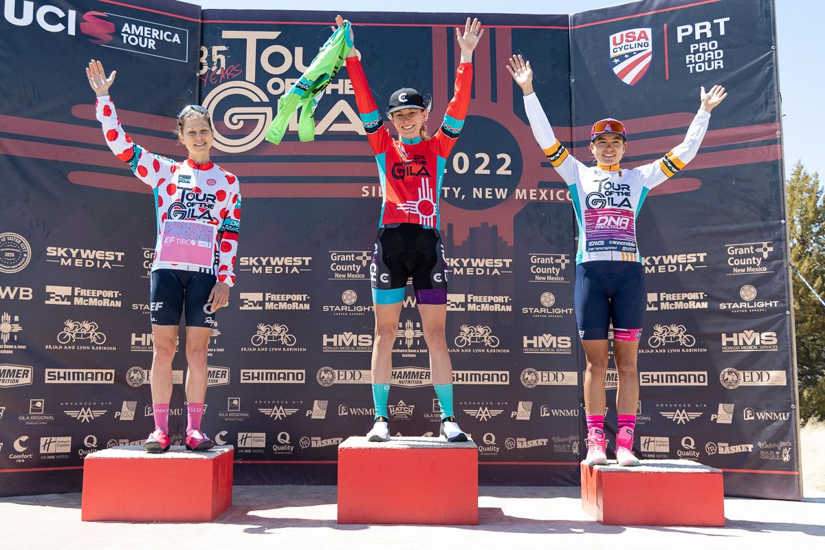 Classification jerseys: Krista Doebel-Hickok (EF Education Tibco SVB) in Polka dot QOM jersey, Lauren De Crescenzo's (Cinch Rise) in the Red leader's jersey and the Green Sprinter's jersey, and Anet Barrera Esparza (DNA Pro Cycling Team).