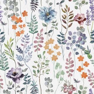 Dainty coloful florals on white background for this square of wallpaper