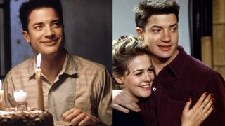 two side by side stills of brendan fraser smiling in the movie Blast From the Past