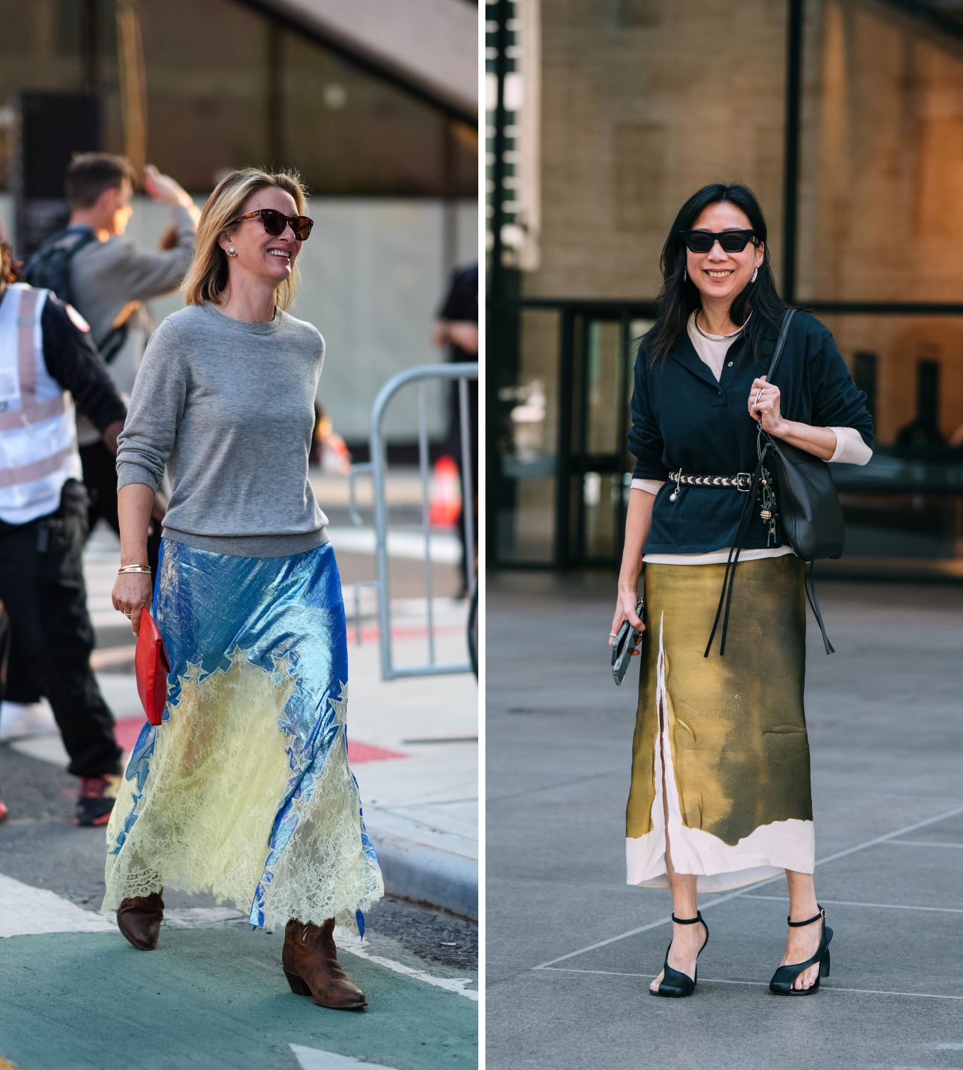 two women at new york fashion week wearing statement midi skirts