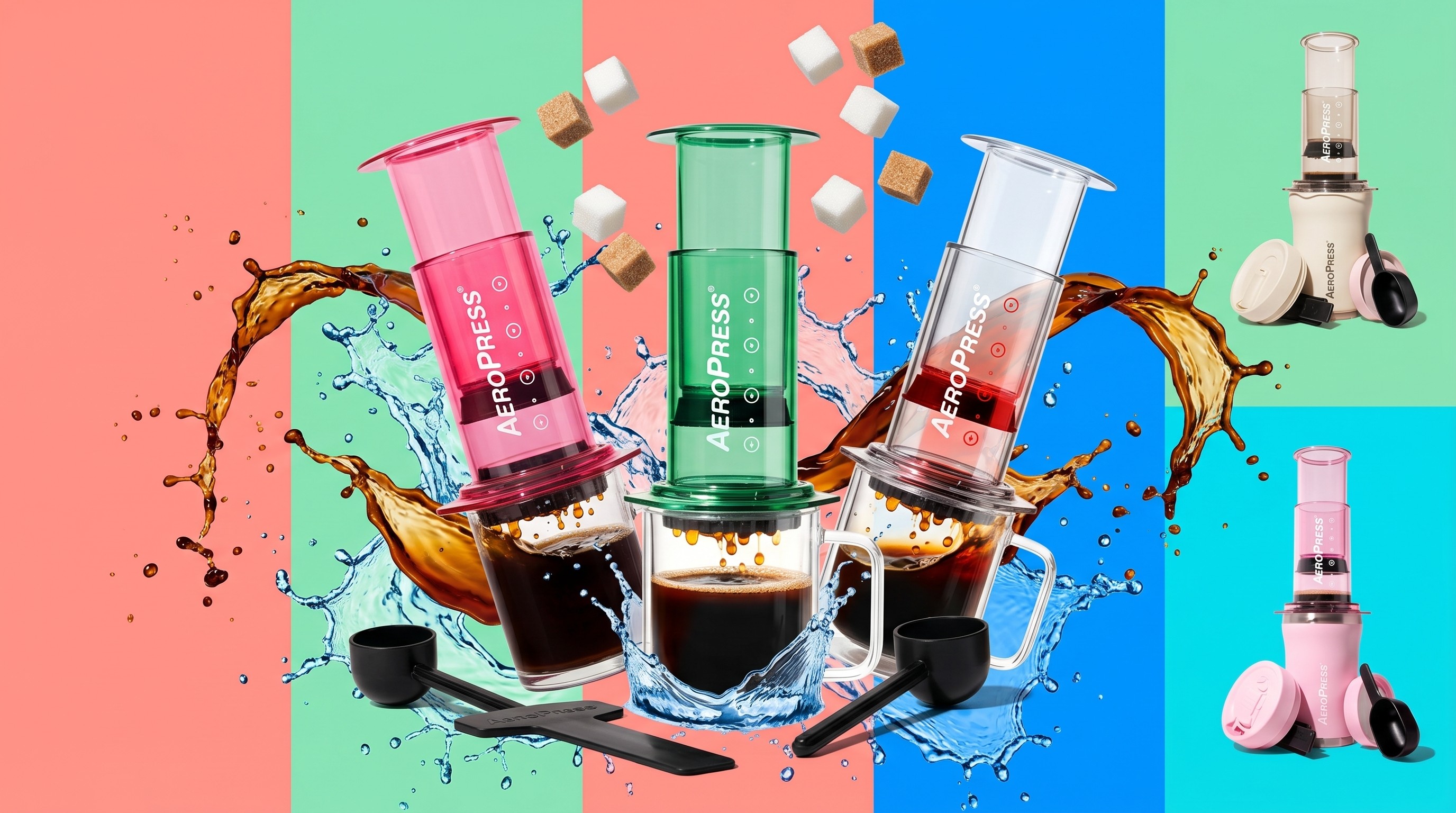 Collection of different colored AeroPress coffee makers on pink, green, and blue background