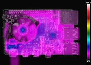 Thermal Image of Raspberry Pi 4 with Fan Shim Cooling. (Credit: Gareth Halfacree)
