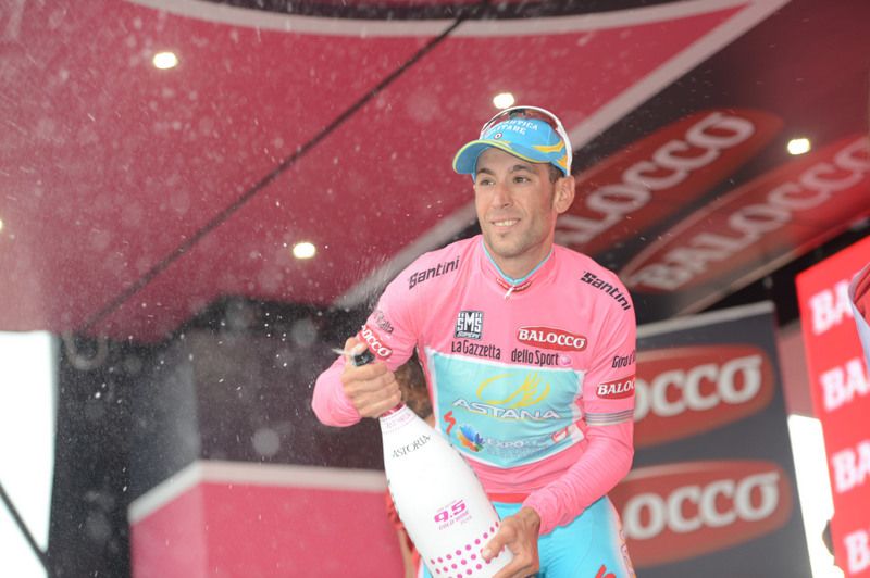 Vincenzo Nibali (Astana) moves into the pink jersey after the stage 8 time trial and would wear it all the way to Brescia