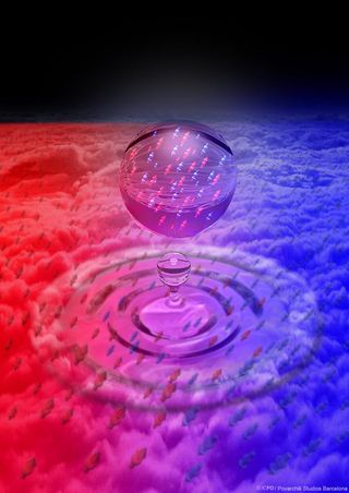 This artist's rendering depicts a quantum liquid droplet formed by mixing two condensates of ultracold potassium atoms.