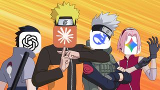 Naruto characters with their faces replaced by AI logos.