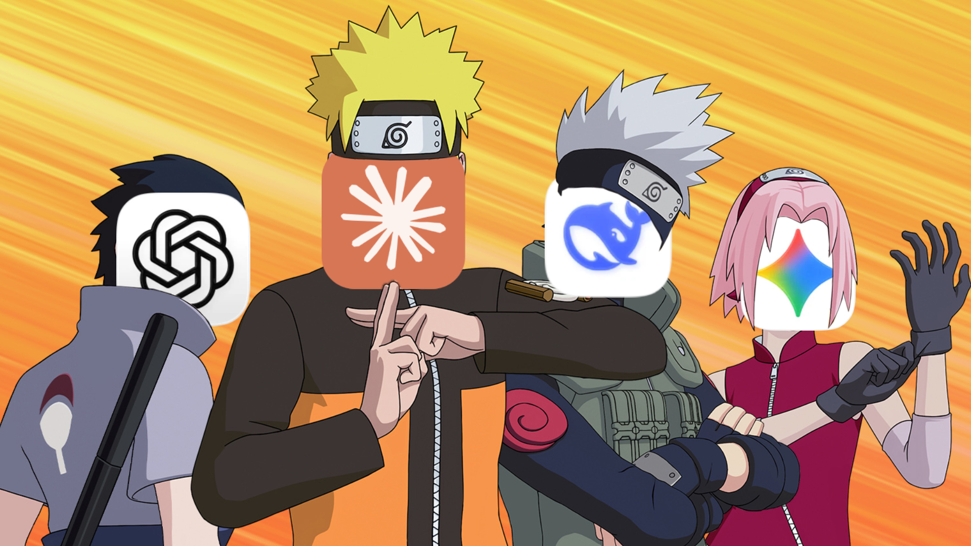 Naruto characters with their faces replaced by AI logos.