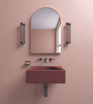 bathroom ideas with square red sink and pink walls