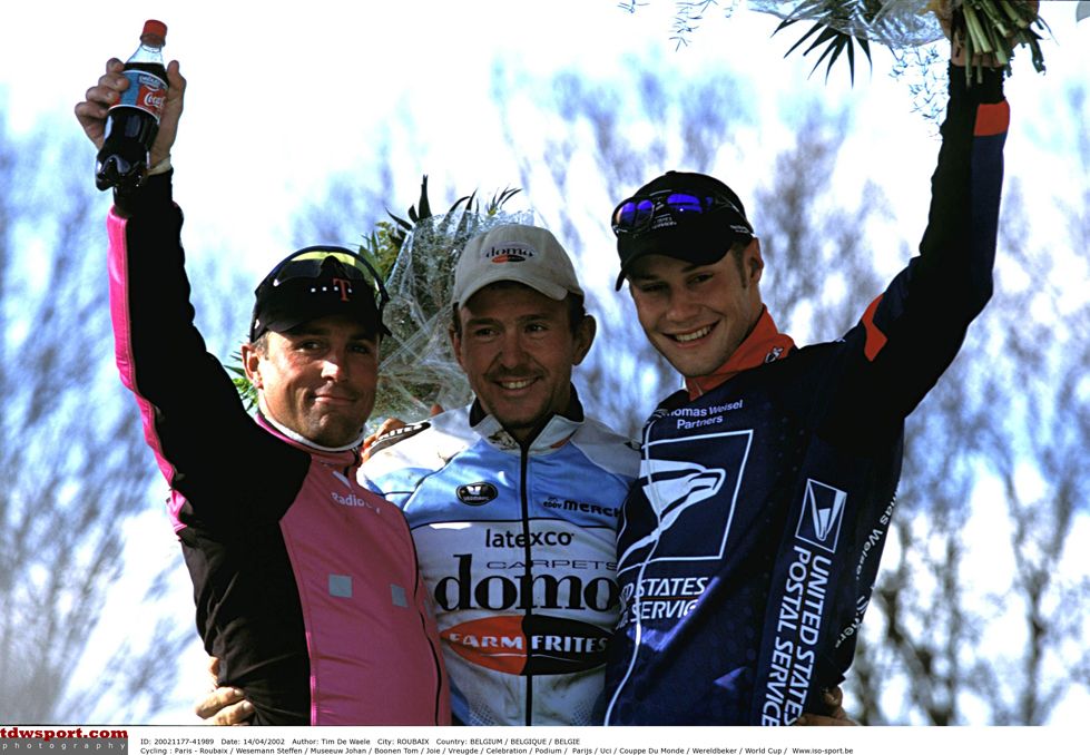 The 2002 Paris-Roubaix podium. Boonen's first and certainly not last