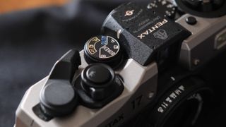 Close up of the dial reading BOKEH on a Pentax 17 film camera