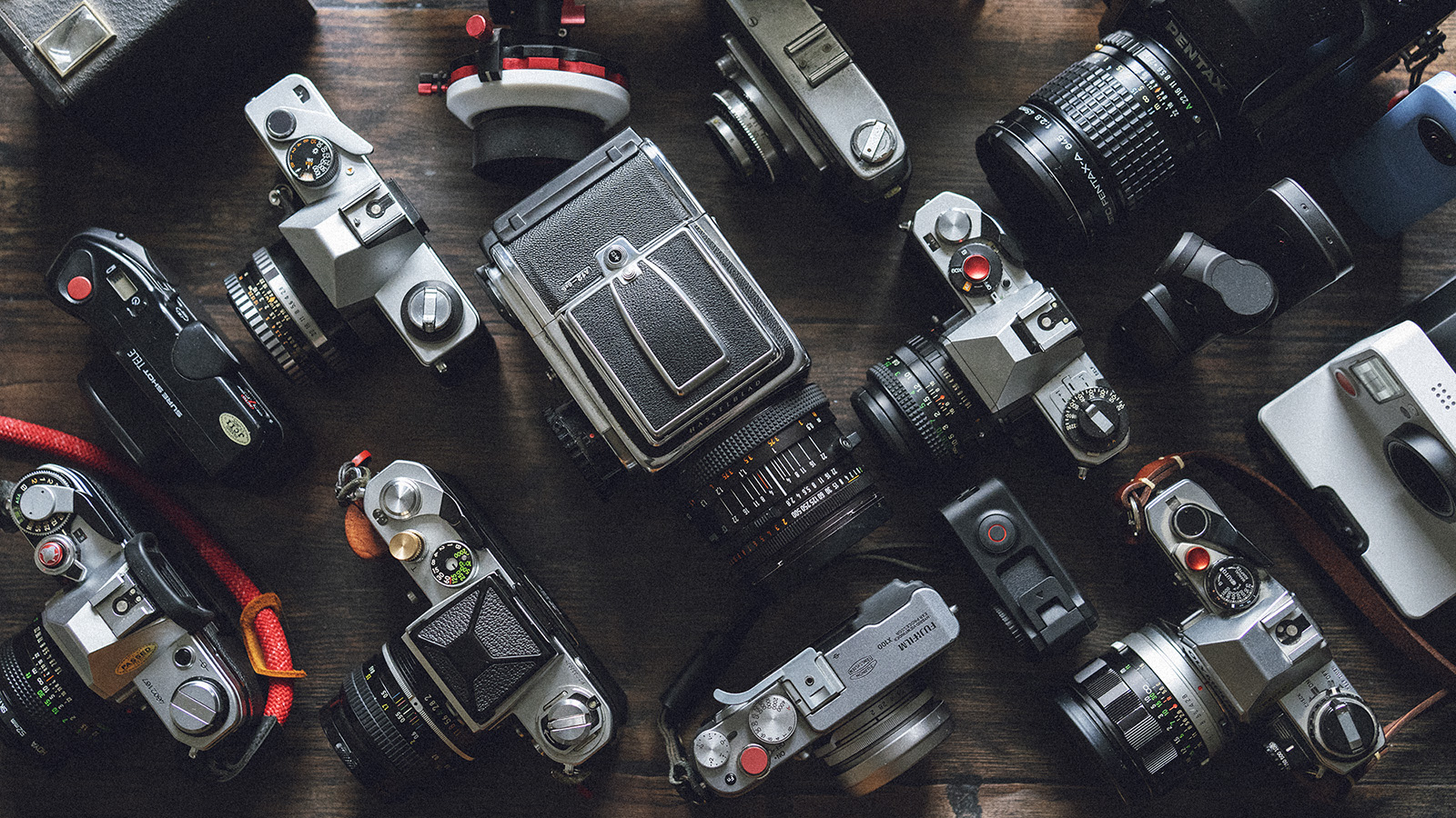 A collection of modern and vintage cameras