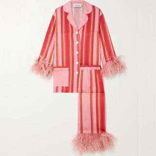 Sleeper, red and pink striped pyjamas with feathered trim