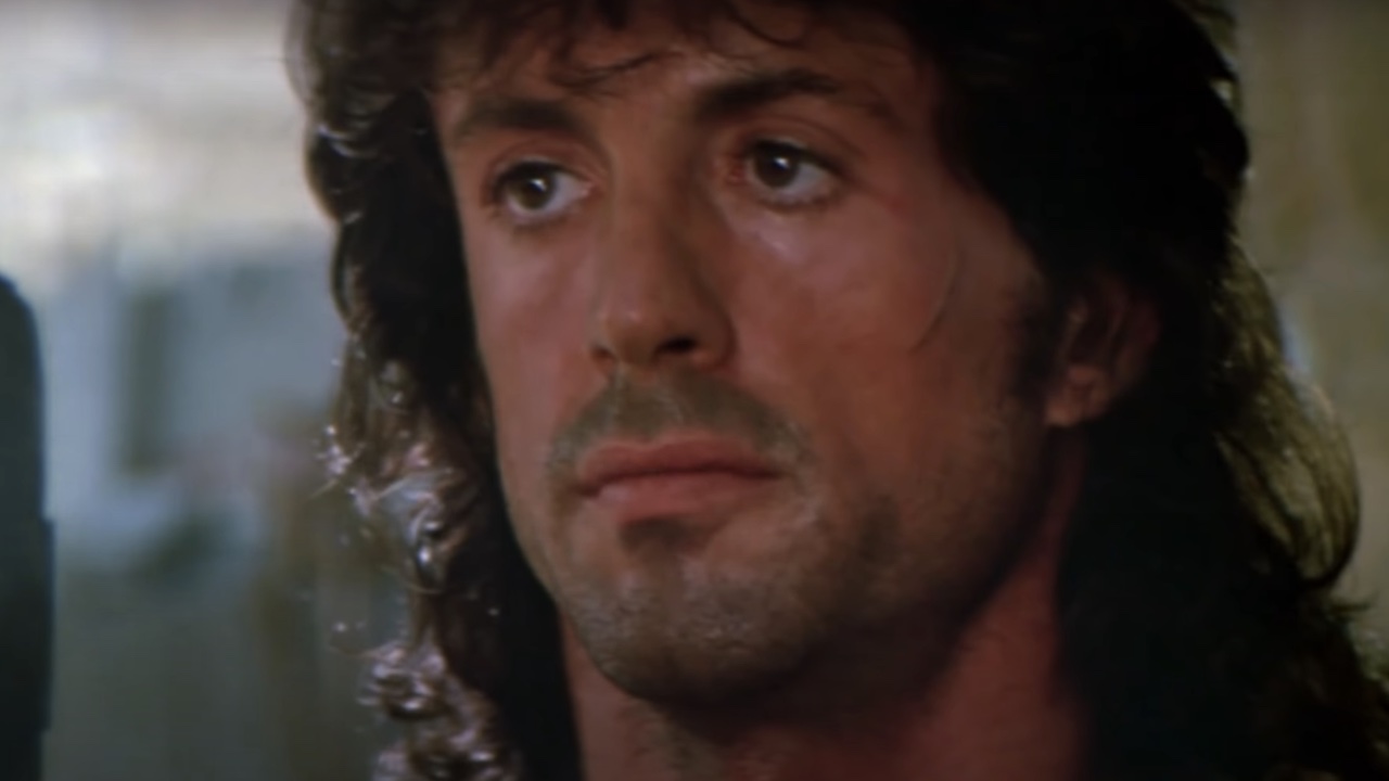 A close-up of Sylvester Stallone's face in Rambo III