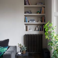 A grey-painted living room with a dark grey velvet sofa and built-in shelves