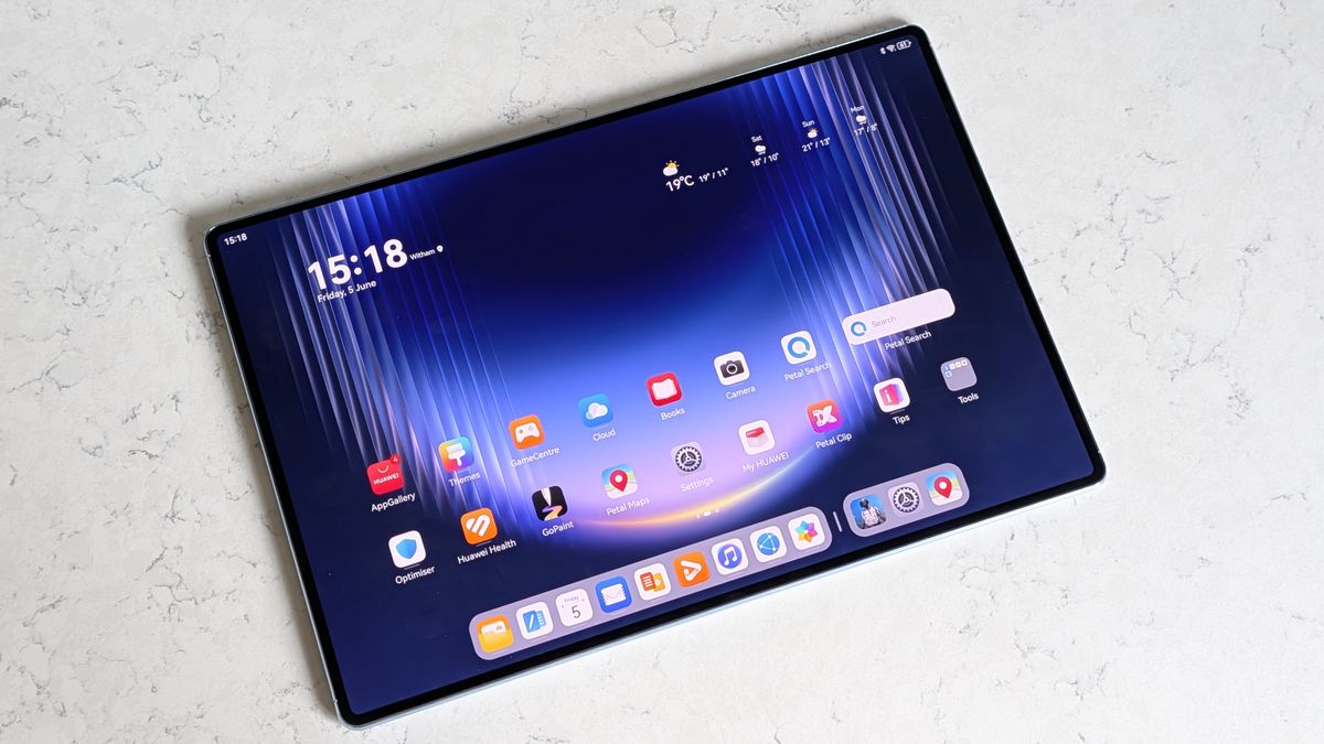 Photos of the Huawei MatePad Pro Max resting on a marble table