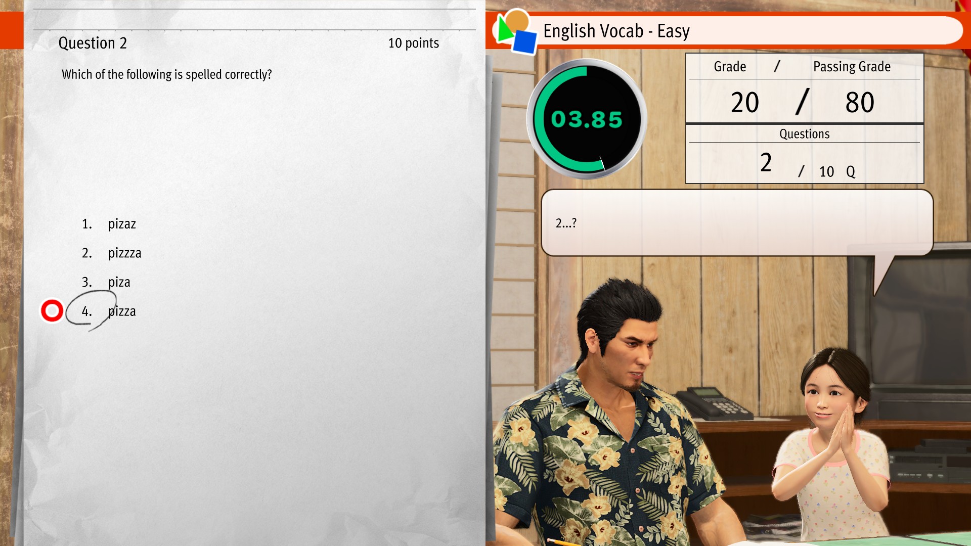Helping a child with their homework in Yakuza Kiwami 3.