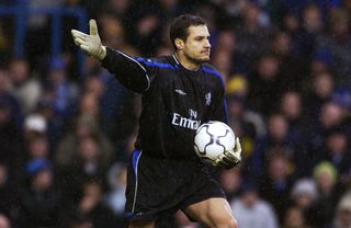 20 Jan 2002: Carlo Cudicini of Chelsea in action during the FA Barclaycard Premiership match against West Ham United played at Stamford Bridge, in London. Chelsea won the match 5-1. DIGITAL IMAGE. Mandatory Credit: Stu Forster/Getty Images