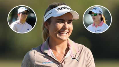 Lexi Thompson smiles in the center, with Rose Zhang and Leona Maguire on the outside