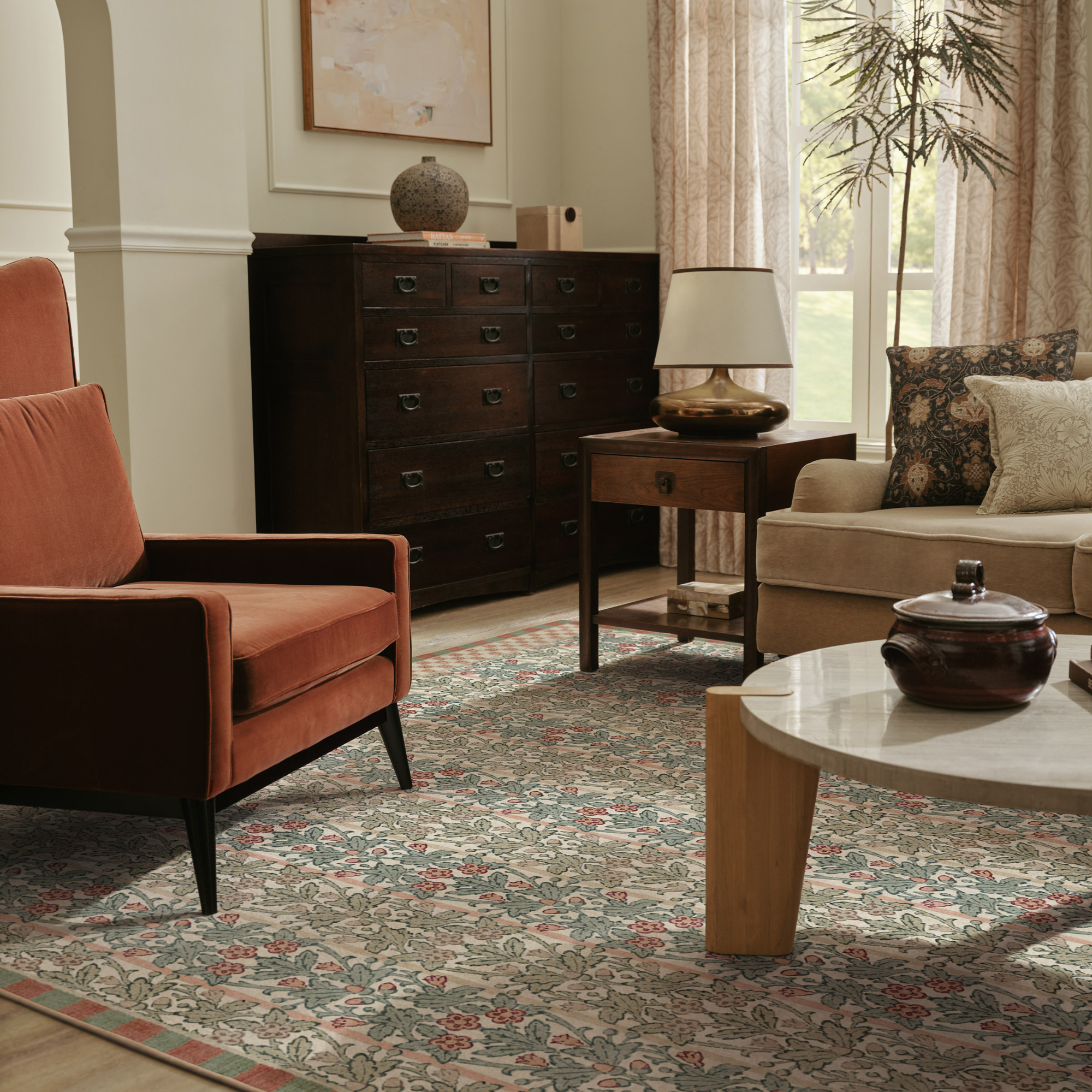 Oak &amp; Blossom Sage &amp; Coral Rug in living room.