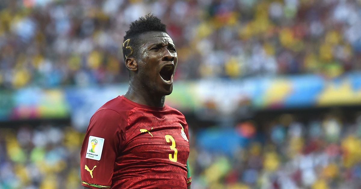 Asamoah Gyan of Ghana celebrates scoring his team&#039;s second goal during the 2014 FIFA World Cup Brazil Group G match between Germany and Ghana at Castelao on June 21, 2014 in Fortaleza, Brazil.