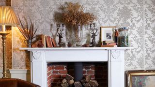 White fireplace surround with plants, books and plants on mantlepiece against a grey patterned wallpaper