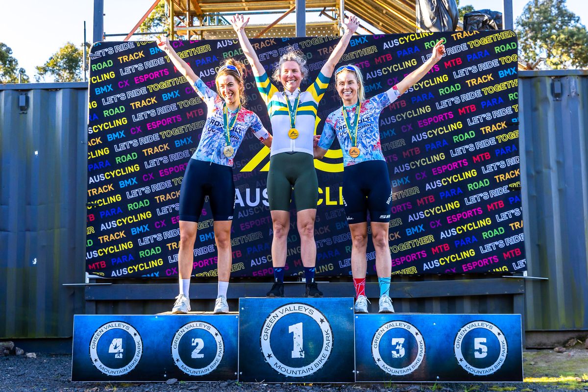 Women's elite podium of the Australian Cyclo-cross National Championships 2022. 1st Rebecca Locke, 2nd Matilda Field and 3rd Peta Mullens