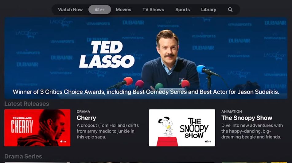 The Apple TV app interface, highlighting Ted Lasso