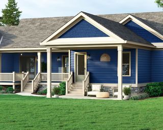 home exterior painted navy blue with white woodwork