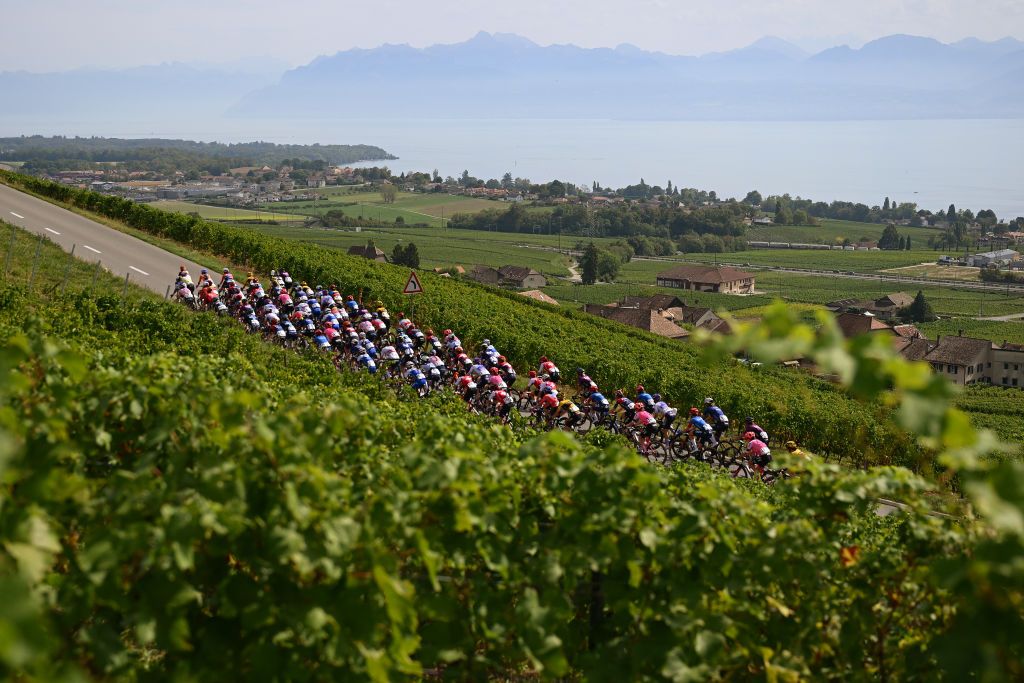 NYON SWITZERLAND SEPTEMBER 17 A general view of Demi Vollering of The Netherlands and Team SD Worx Yellow leader jersey Sofia Bertizzolo of Italy and UAE Team ADQ Orange Points Jersey and the peloton passing through a vineyards landscape during the 2nd Tour de Romandie Feminin 2023 Stage 3 a 1108km stage from Vernier to Nyon UCIWWT on September 17 2023 in Nyon Switzerland Photo by Dario BelingheriGetty Images