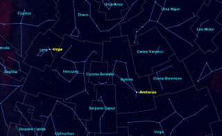 Just after dark on a June evening, look overhead to see the constellations of early summer: Boötes, Corona Borealis, and Serpens Caput. 