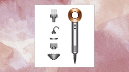 Image of Dyson Hair Dryer on a pink watercolour background