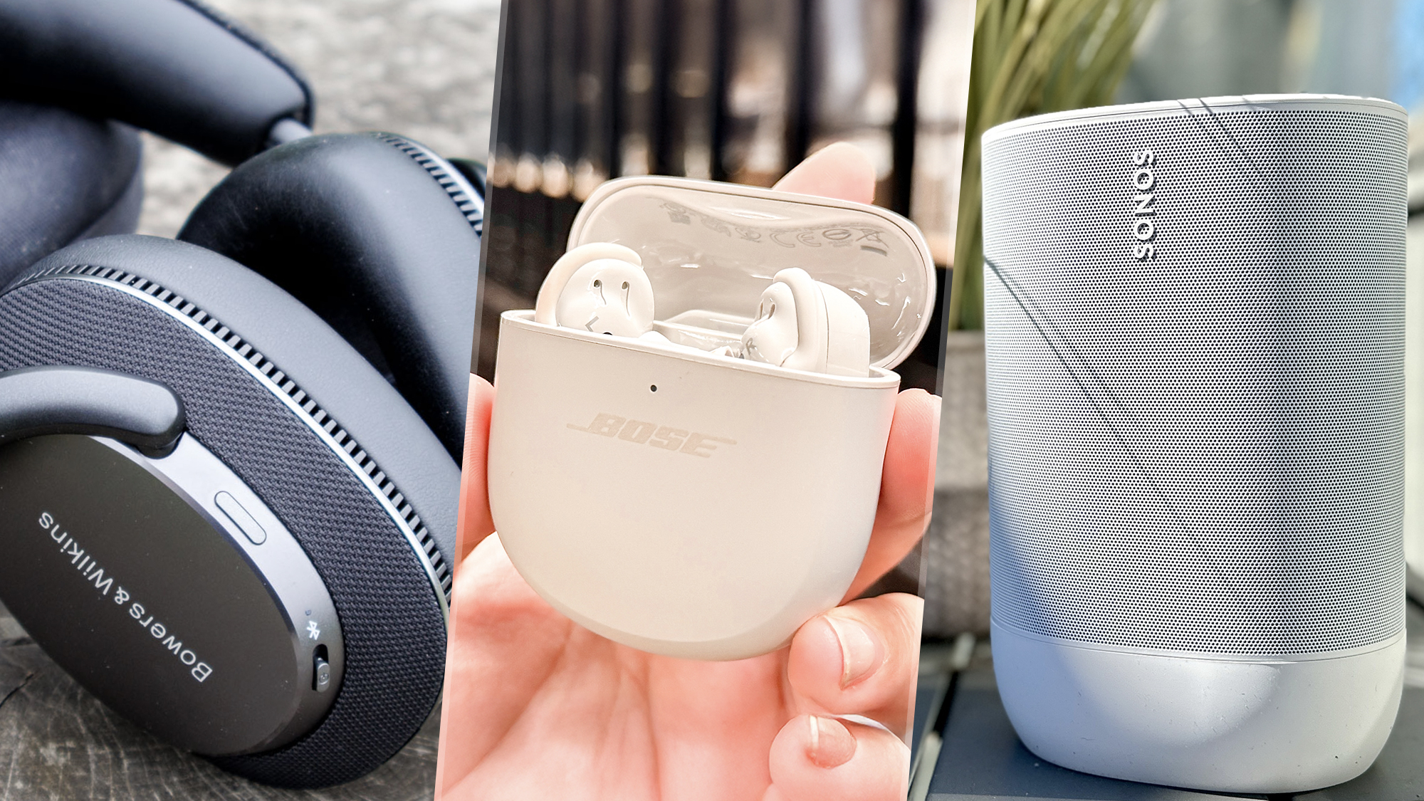 A split image of the Bowers & Wilkins PX7 S3, Bose QuietComfort Ultra Earbuds and Sonos Move 2
